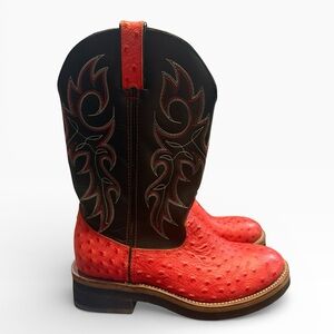 Road Wolf Red Ostrich Print Western Cowboy Boots Women’s 9 Black Flame Stitch